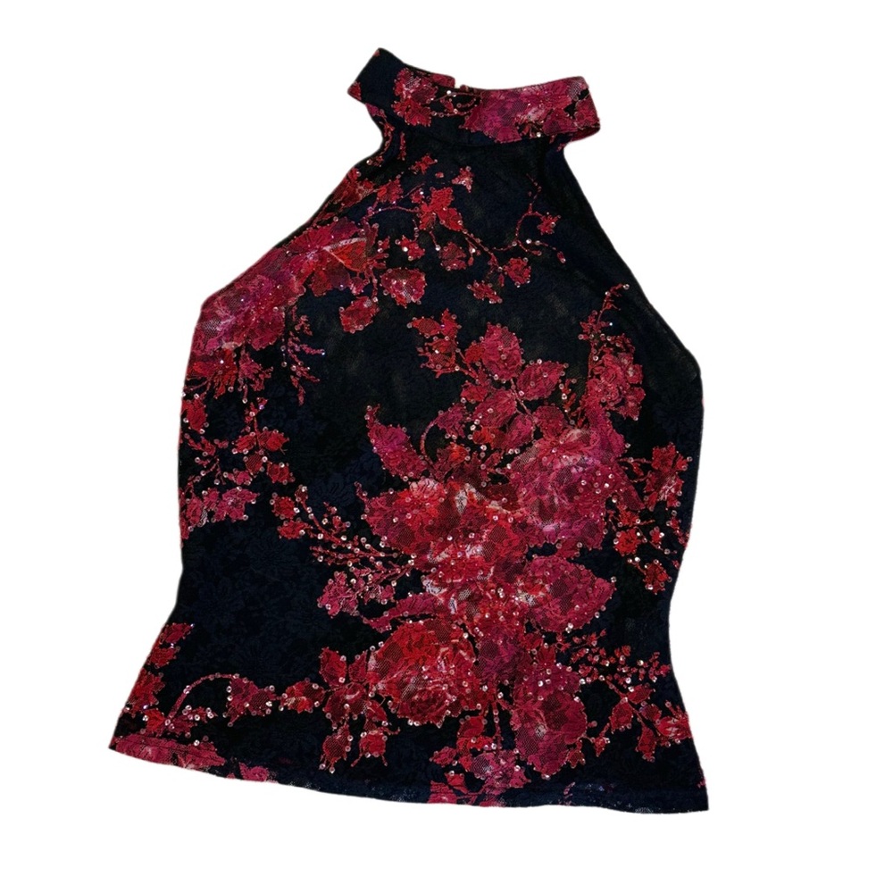 Cache Vintage Black and Red Floral Lace Halter Neck Blouse